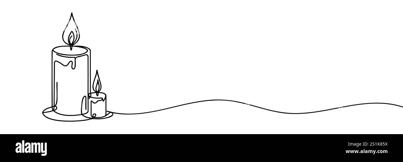 Un disegno a linea continua di cera o candela di paraffina. Decorazioni per la casa natalizia e concetto di aromaterapia in semplice stile lineare. Doodle Vector illust Illustrazione Vettoriale