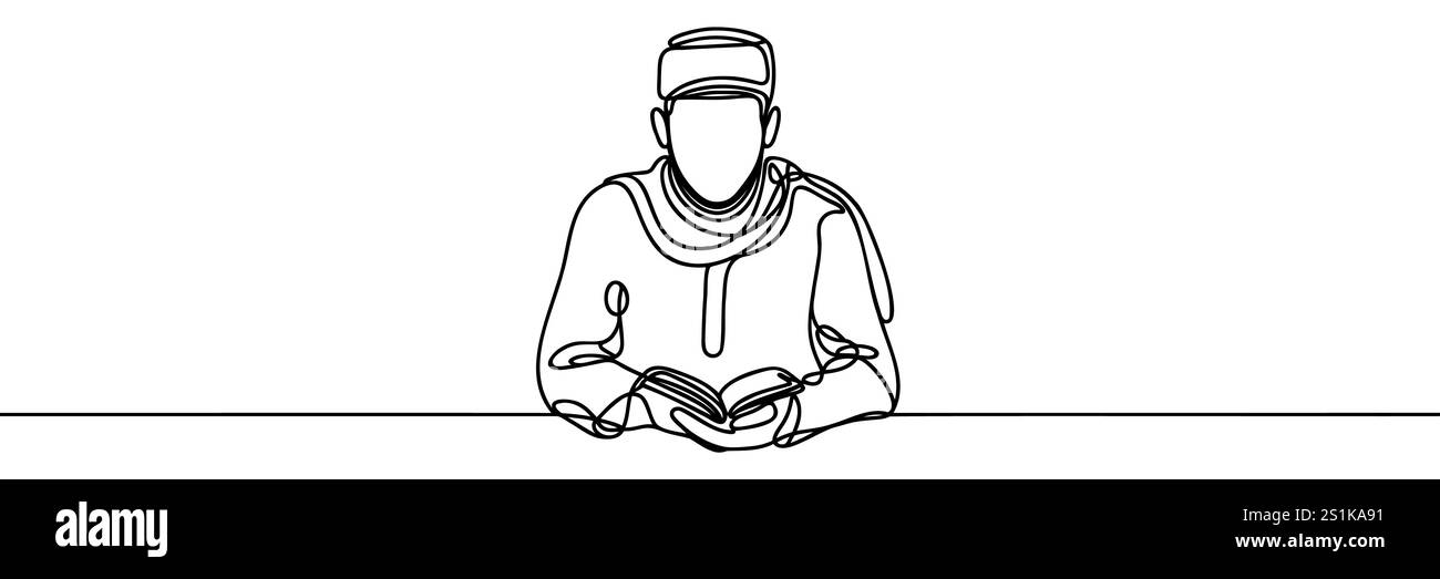 Un uomo musulmano ha letto il libro Continuous One Line Drawing. Illustrazione Vettoriale