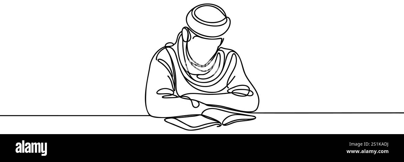 Un uomo musulmano ha letto il libro Continuous One Line Drawing. Illustrazione Vettoriale