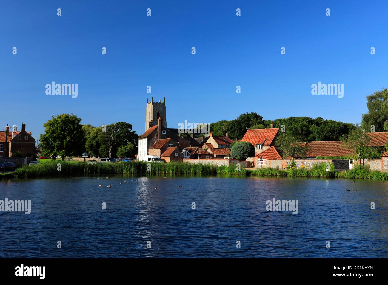 Vista sul laghetto delle anatre del villaggio di Great Massingham, North Norfolk, Inghilterra, Regno Unito Foto Stock