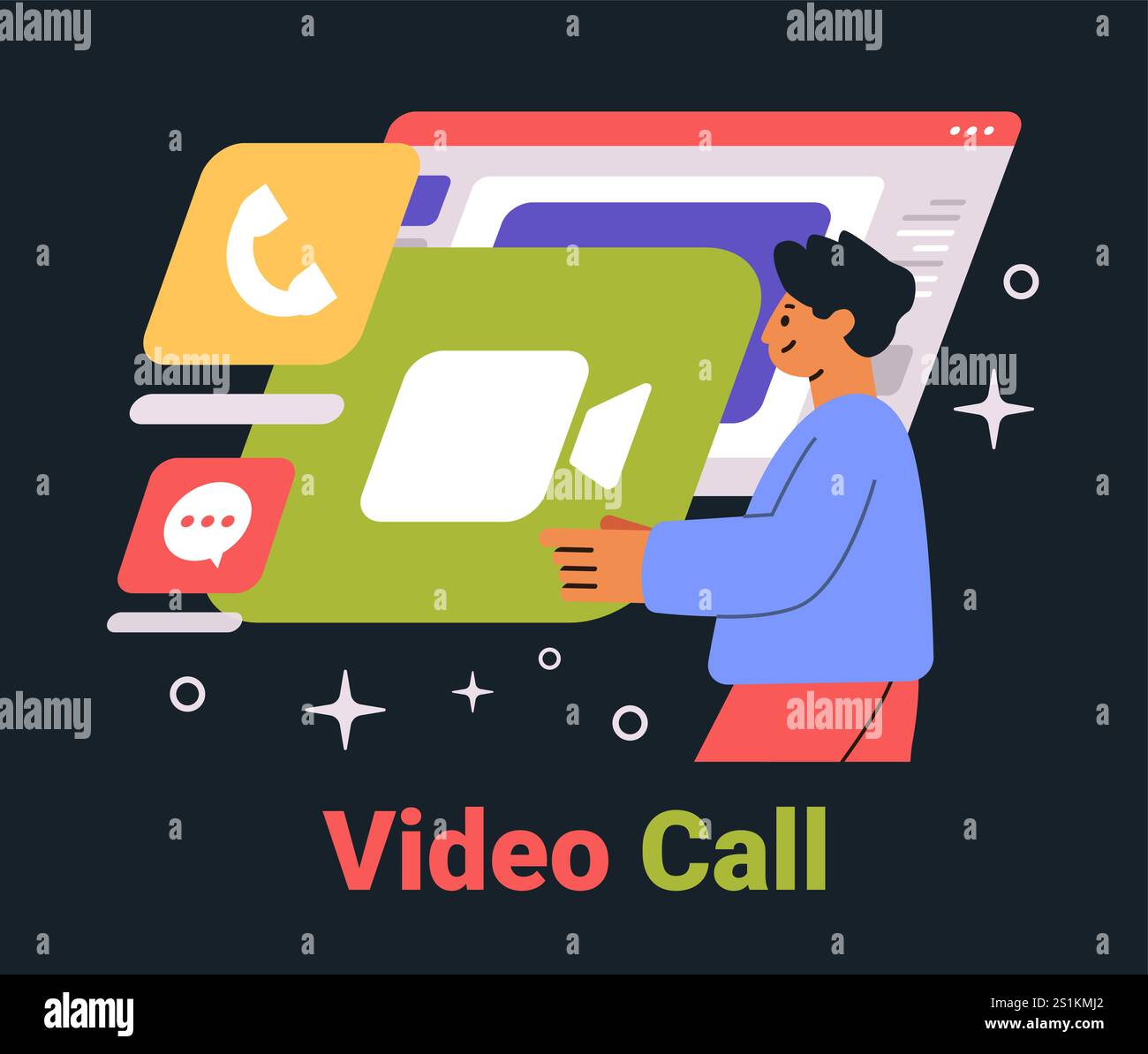 Concetto di videochiamata persona che tiene in mano icone di videochat interfaccia modalità scura elementi colorati design del sito Web Illustrazione Vettoriale