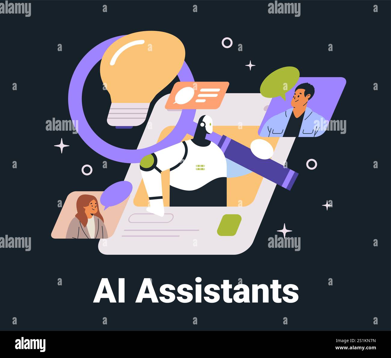 L'INTELLIGENZA ARTIFICIALE assiste il robot che interagisce con gli utenti per la comunicazione digitale concetto di lampadina in modalità oscura progettazione del sito Web dell'interfaccia Illustrazione Vettoriale