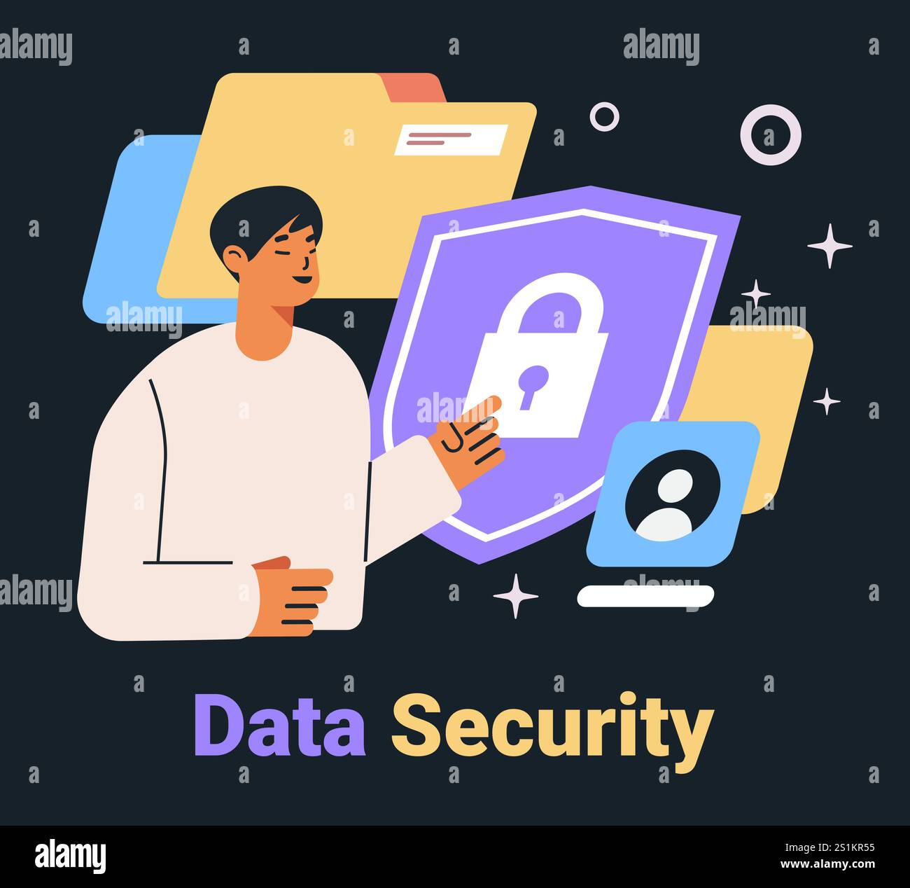 Illustrazione della sicurezza dei dati persona che punta l'icona a forma di lucchetto cartelle sfondo interfaccia modalità oscura concetto di protezione digitale Illustrazione Vettoriale