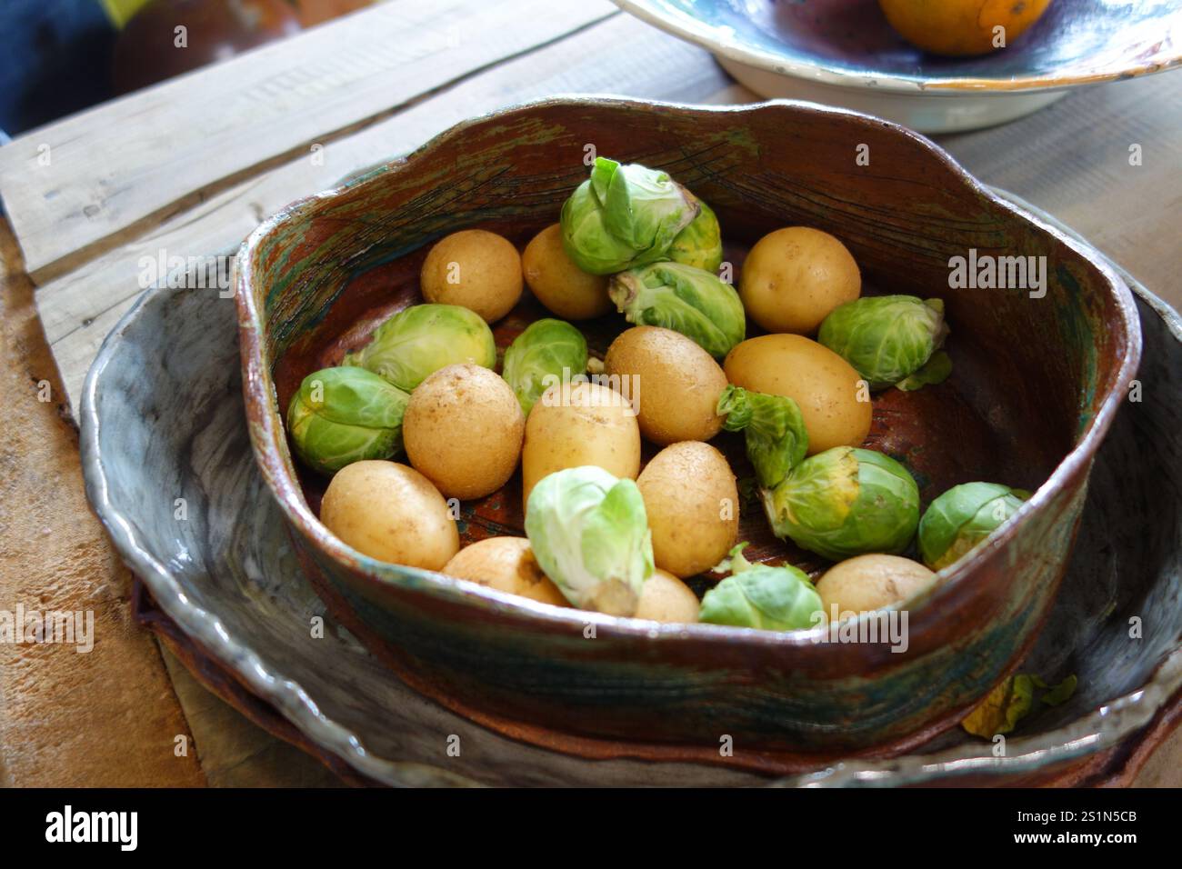 Patate novelle biologiche e cavoletti di bruxelles appena raccolti in un'azienda agricola biologica Foto Stock