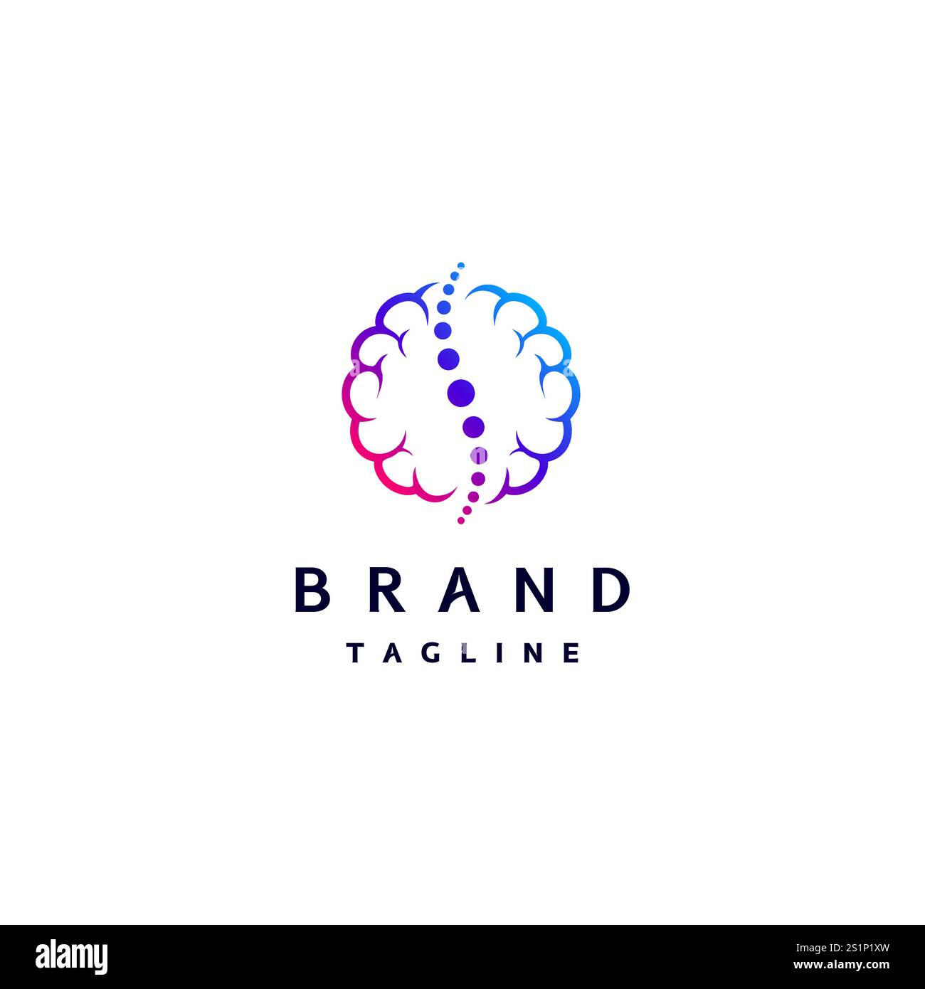 Design del logo dell'icona cervello con colonna vertebrale. Linea del simbolo del cervello con icona della colonna vertebrale nel disegno centrale del logo. Illustrazione Vettoriale