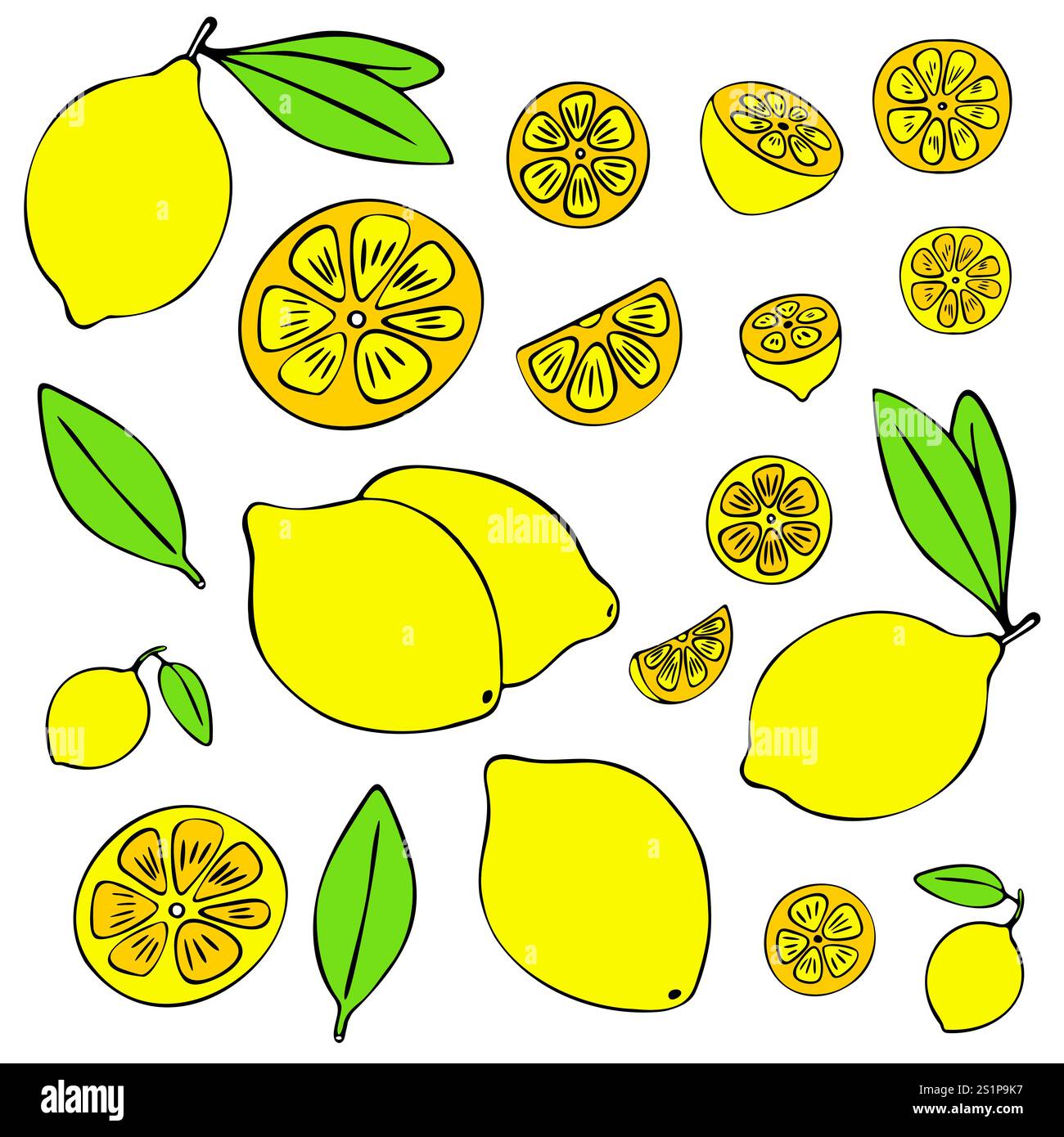 Pacchetto Lemon. Un set di coloratissimi limoni disegnati a mano, interi, a metà, a fette, foglie. Illustrazione Vettoriale