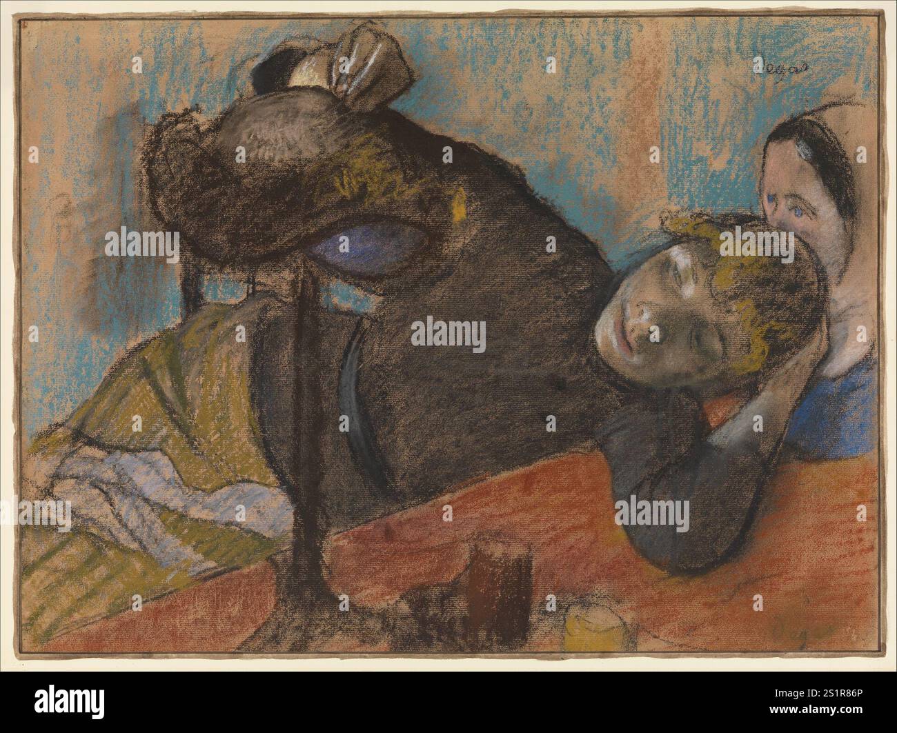 Titolo: The Milliner Artist: Edgar Degas anno: CA. 1882 Medio: Pastello e carbone su carta calda grigia tessuta, ora scolorita a buff (filigrana MICHALLET), disposta su carta marrone scuro tessuta dimensioni: 18 3/4 x 24 1/2 poll. (47,6 x 62,2 cm) posizione: Metropolitan Museum of Art Foto Stock