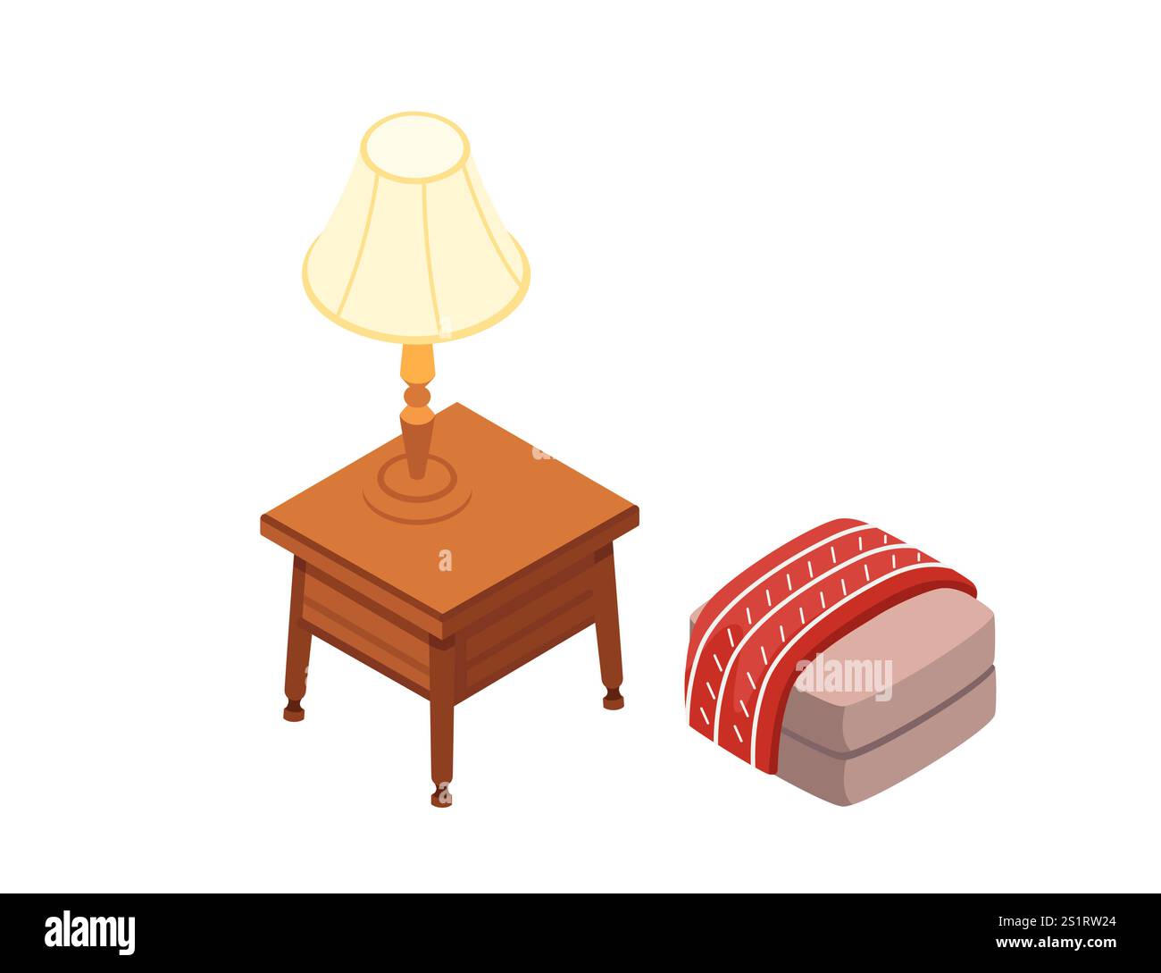 Tavolino laterale isometrico con lampada notturna. Un design semplice e versatile, perfetto per cataloghi di mobili, progetti di interior design o promozioni di arredamento Illustrazione Vettoriale