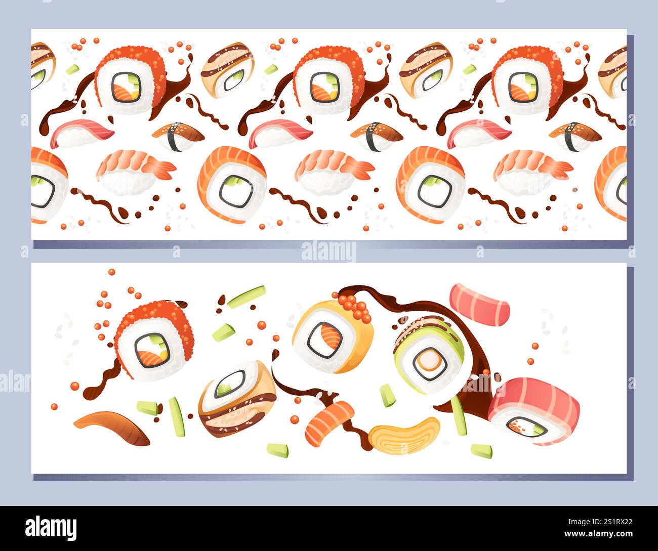 Design striscione orizzontale. Scheda menu stile pubblicità. Collezione di sushi roll di fast food giapponesi con pesce, salmone, tonno, gamberi e riso con c Illustrazione Vettoriale