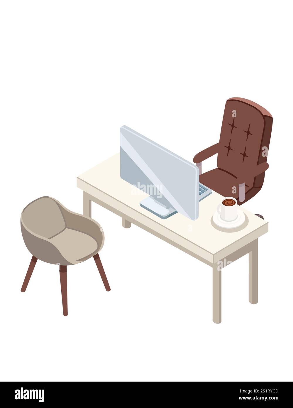 Scrivania isometrica con monitor, tazza da caffè, sedia executive e sedia per gli ospiti. Ideale per temi aziendali, concetti di lavoro remoto o produttività. Illustrazione Vettoriale