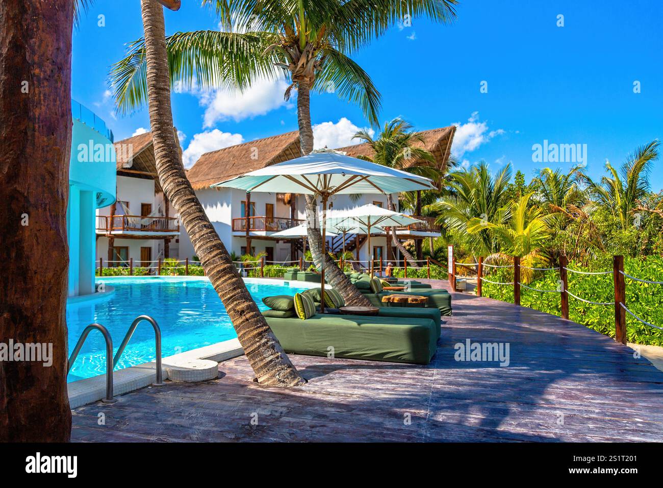 Resort tropicale di lusso a bordo piscina con palme e sedie Green Lounge, Isla Holbox, Messico Foto Stock