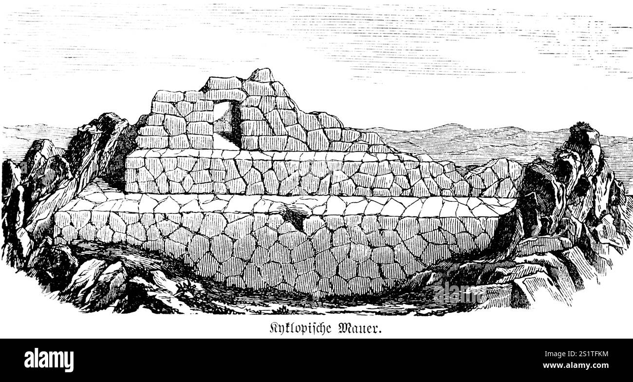 Parete ciclopica o muratura ciclopica (opus siliceum), parete in pietre o rocce irregolari, con superficie visibile poligonale ma liscia, ampia Foto Stock