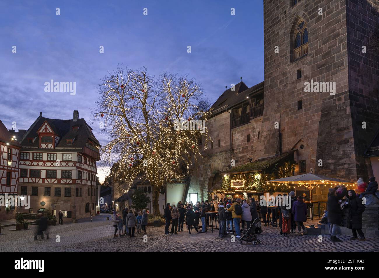 Albrecht Duerer Casa con albero di luci la sera a Natale, Tiergaertnertorplatz, Norimberga, Franconia media, Baviera, Germania, Europ Foto Stock