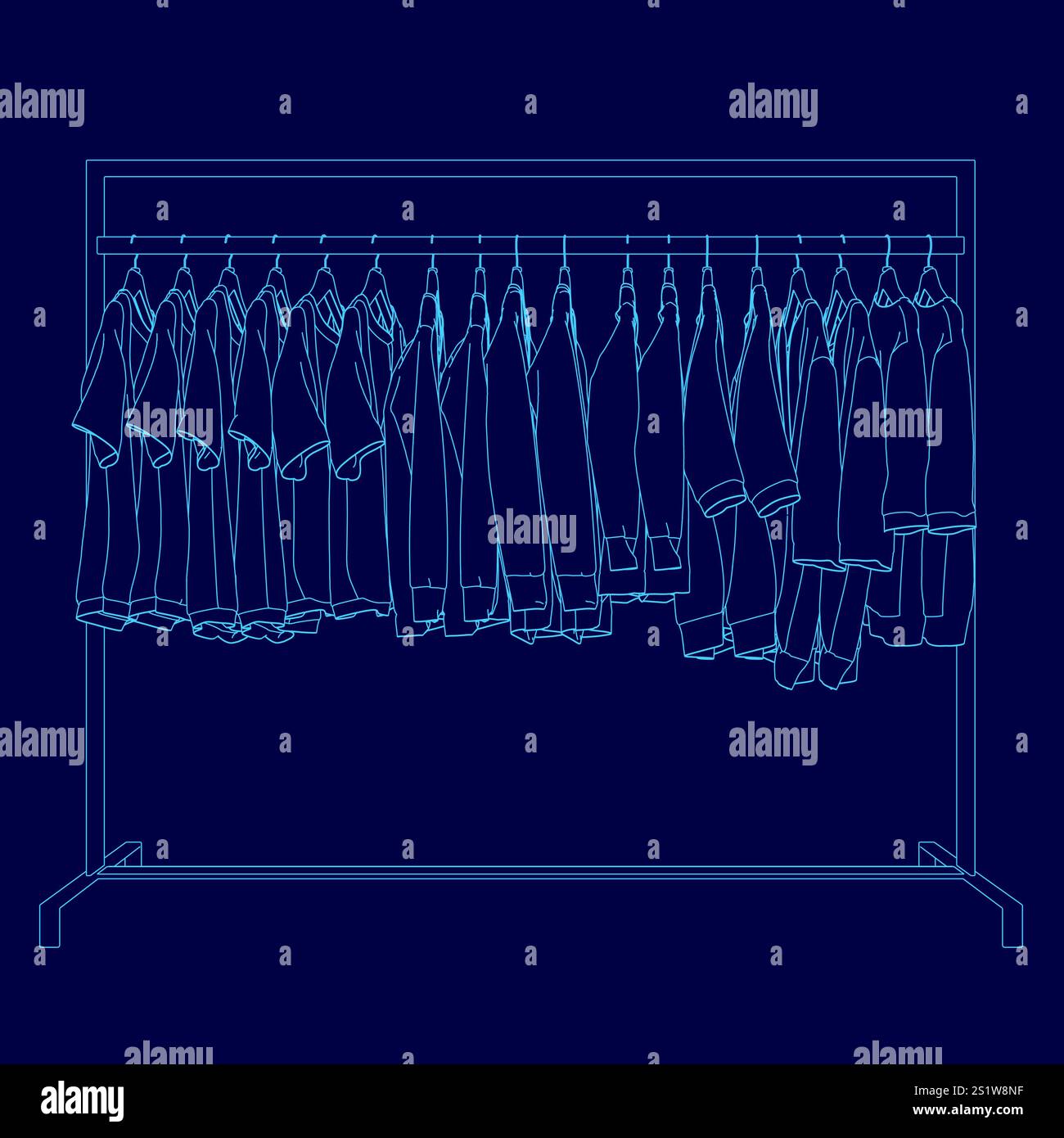 Disegno in linea blu di un appendiabiti con gli abiti appesi su di esso. Gli abiti sono tutti diversi colori e stili, e il rack è alto e stretto Illustrazione Vettoriale