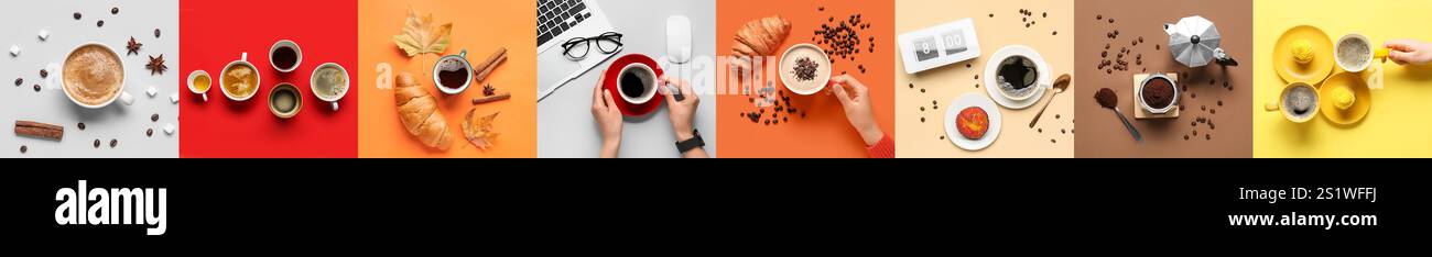 Collage di gustosi caffè in tazze, dessert gustosi e sveglia su sfondo colorato, vista dall'alto Foto Stock