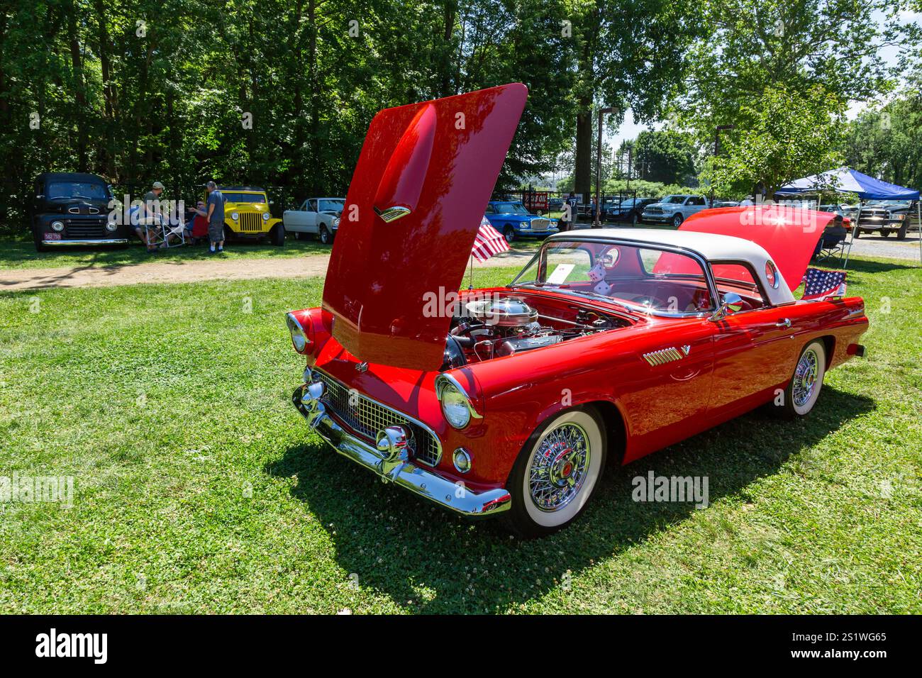 Una Ford Thunderbird coupé rossa e bianca del 1955 parcheggiata sull'erba in una mostra di auto ad Auburn, Indiana, USA. Foto Stock