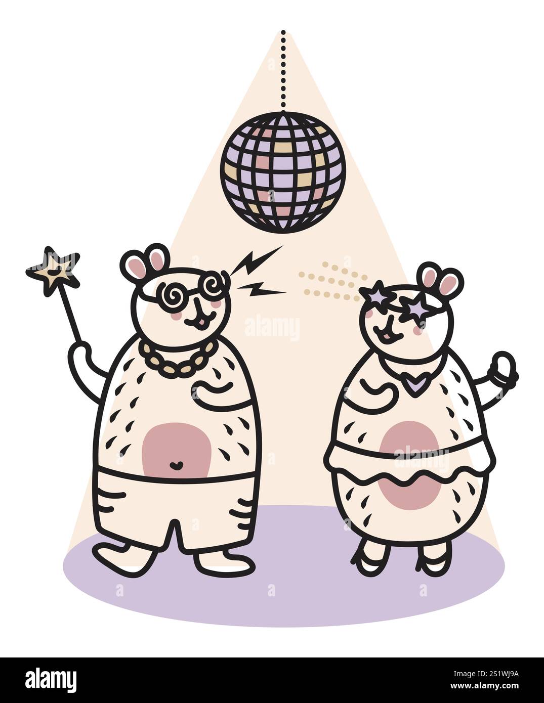 Due simpatici capybara danzanti in discoteca, scarabocchi vettoriali in linea nera, atmosfera festosa, personaggi kawaii alla moda, roditori grandi e amichevoli per una cartolina, stoffa Illustrazione Vettoriale