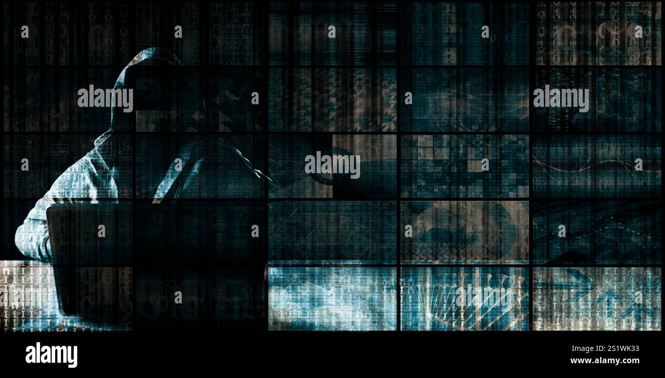 Crimine digitale con Hacker Syndicate accesso illecito ai dati Foto Stock