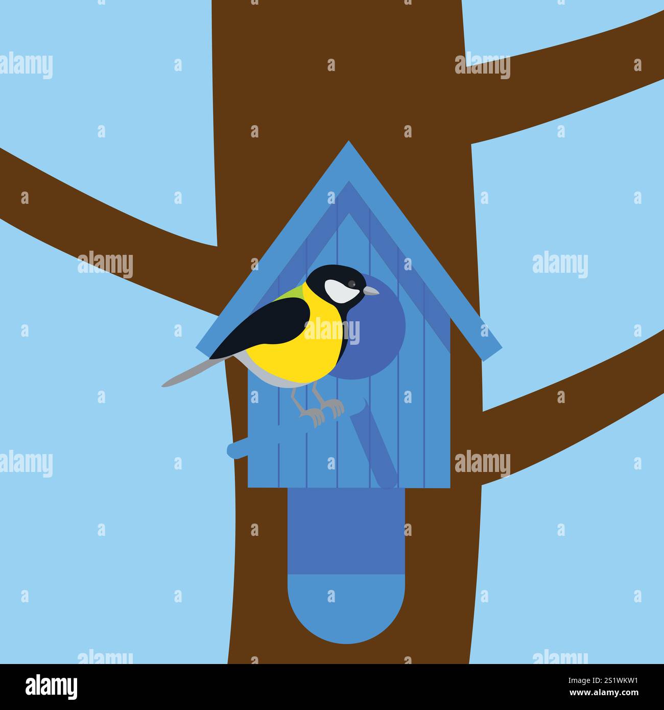 Una casetta per uccelli con un uccello appollaiato sopra. Illustrazione vettoriale cartoni animati Illustrazione Vettoriale