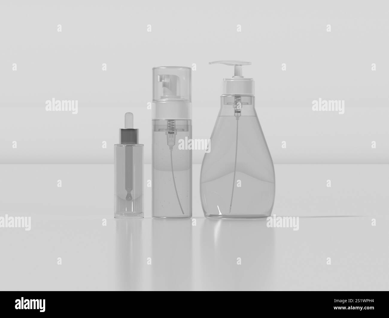 Set di rendering 3d di flaconi trasparenti con pompe e contagocce per la cura della pelle e dei cosmetici Foto Stock