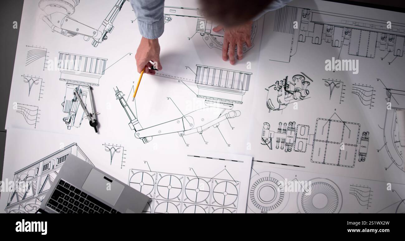 Settore della progettazione e sviluppo. Progetto della macchina in fabbrica. Documento schema Foto Stock