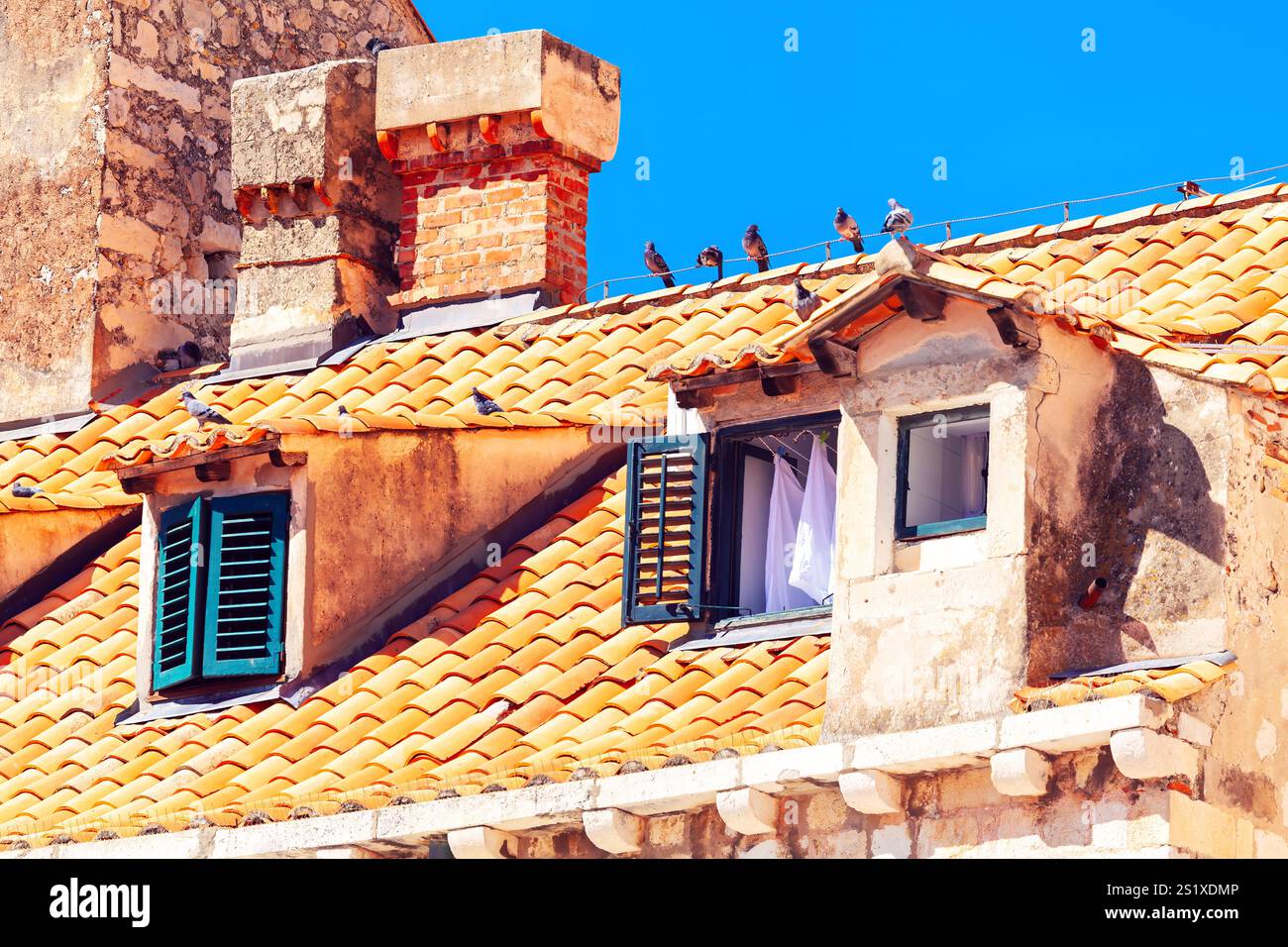 Tetto con piastrelle di terracotta arancione, caratterizzato da finestre con tende bianche visibili. Gli uccelli sono appollaiati sul tetto, aggiungendo una vivace combinazione di architec Foto Stock