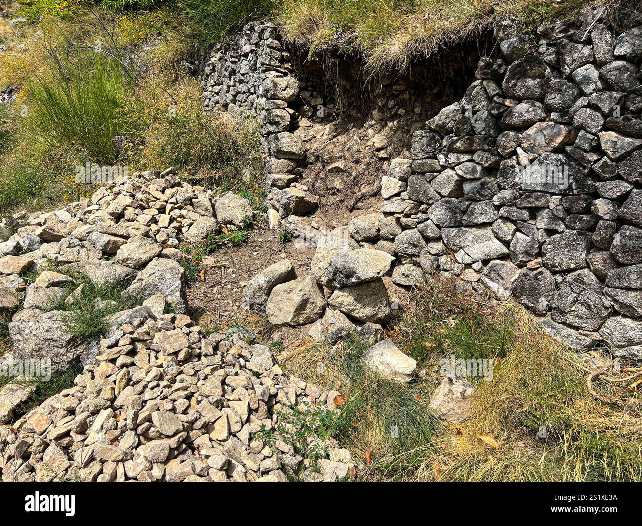 Il muro di pietra sbriciolato viene lentamente recuperato dalla natura in una valle soleggiata Foto Stock