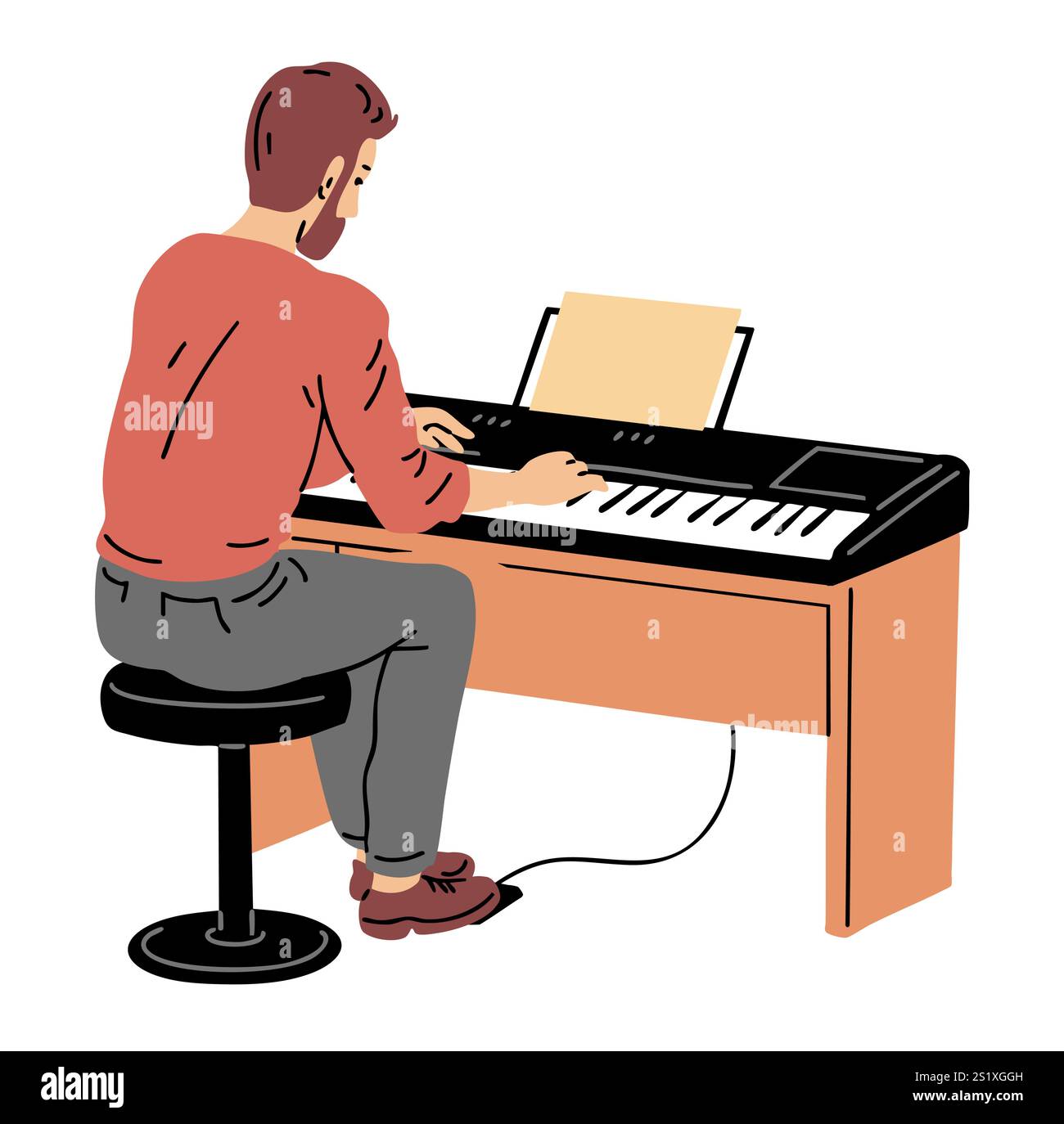 Un giovane suona il piano a casa. Strumento musicale. Hobby, creatività e intrattenimento. Lezione di musica. Illustrazione grafica vettoriale piatta Illustrazione Vettoriale