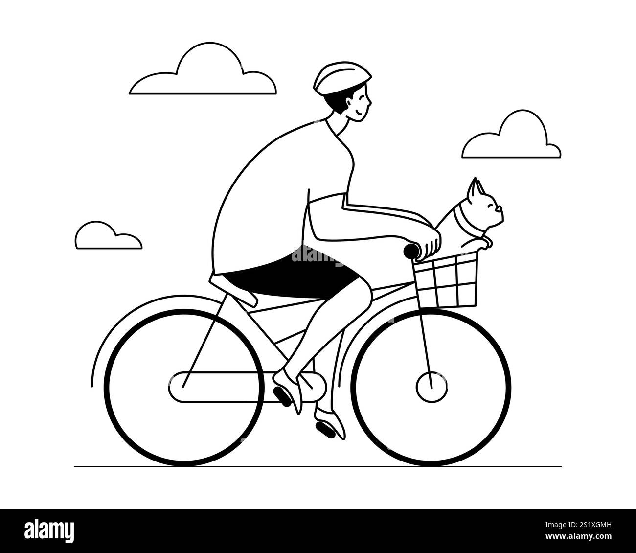 Un giovane con casco e abbigliamento sportivo guida una bicicletta e porta un piccolo cane in un cestino per biciclette Illustrazione Vettoriale