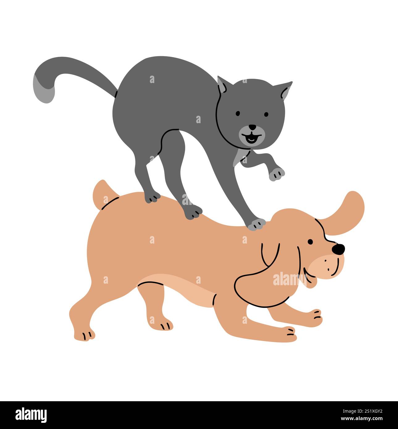 Un gatto e un cane giocano e combattono. Simpatici animali carini. Vita animale. Illustrazione vettoriale cartoni animati isolata su sfondo bianco Illustrazione Vettoriale