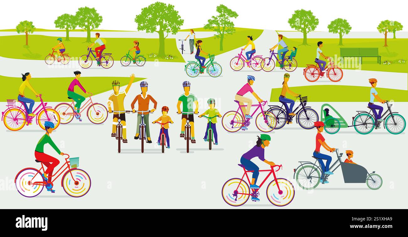 Illustrazione dei ciclisti sui percorsi ciclabili Foto Stock