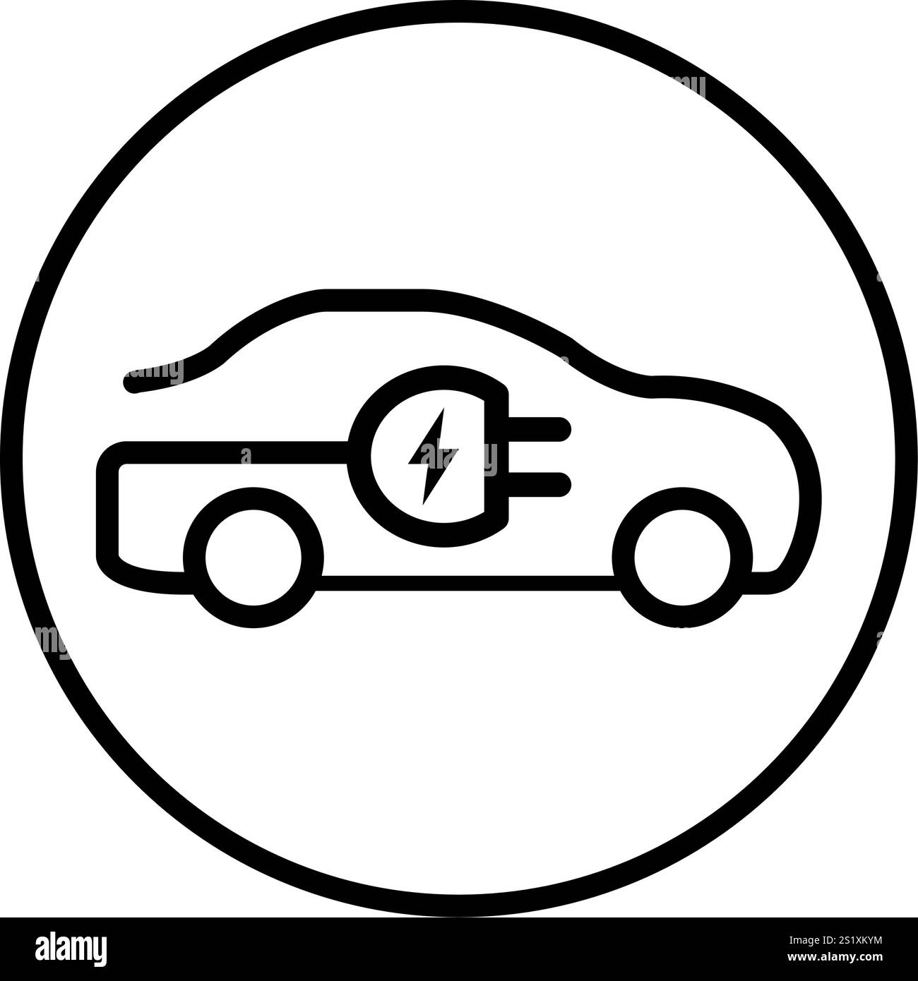 Auto elettrica con ricarica EV con icona a spina in stile piatto. concetto di veicolo ecologico Illustrazione Vettoriale