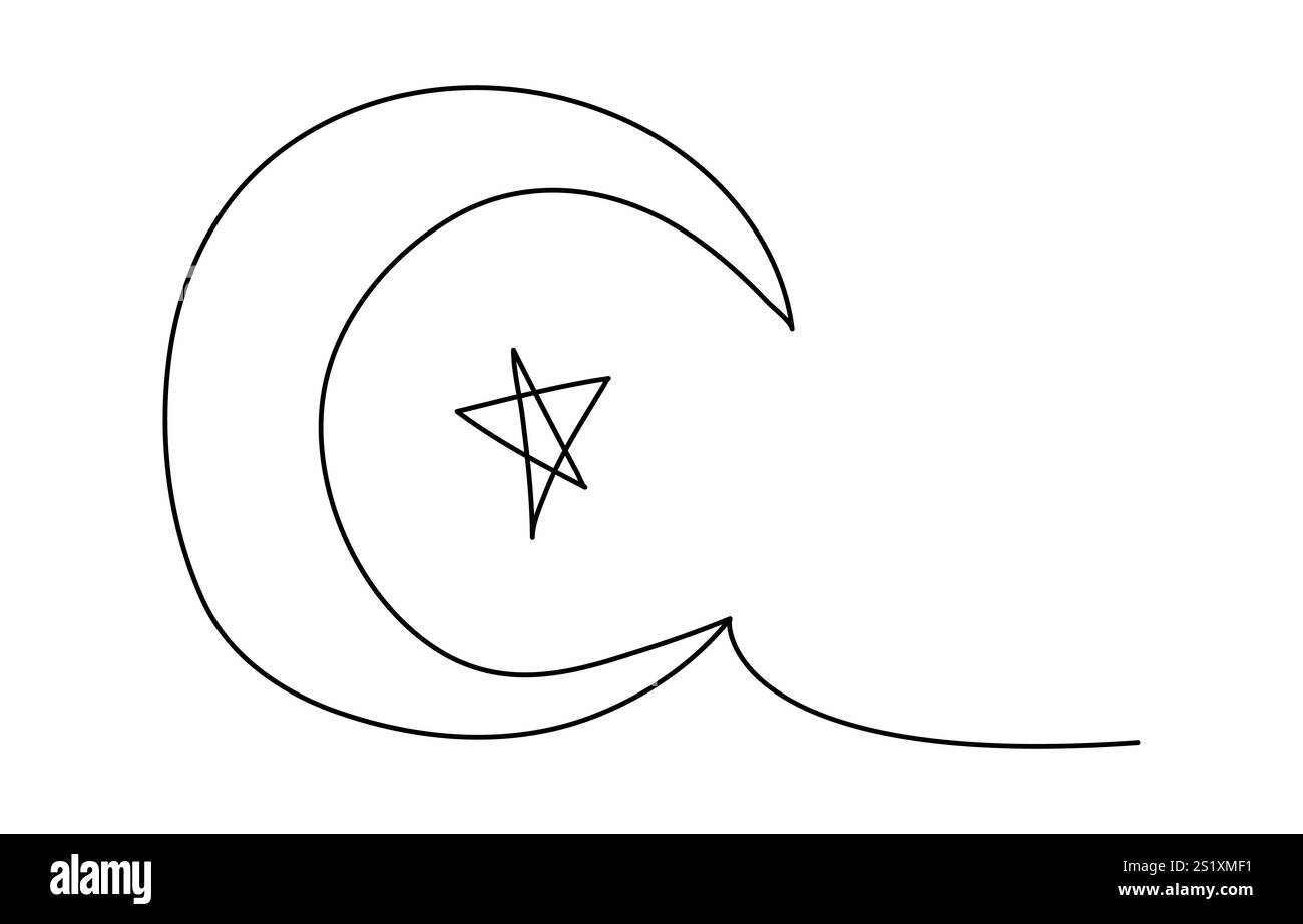 Disegno continuo della Luna con banner stella Ramadan Kareem in semplice illustrazione lineare Illustrazione Vettoriale