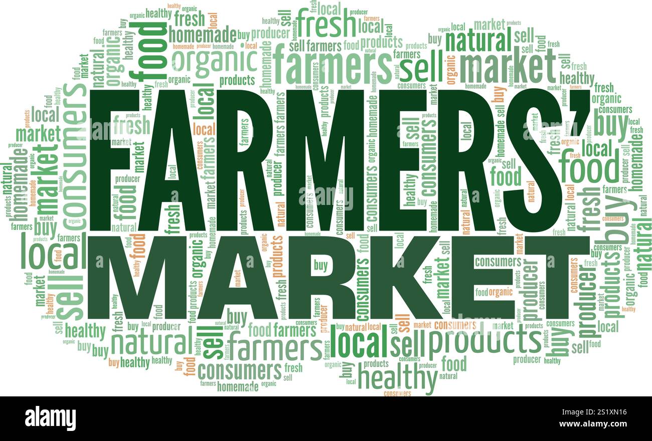 Progettazione concettuale cloud per la parola di mercato degli agricoltori isolata su sfondo bianco. Illustrazione Vettoriale