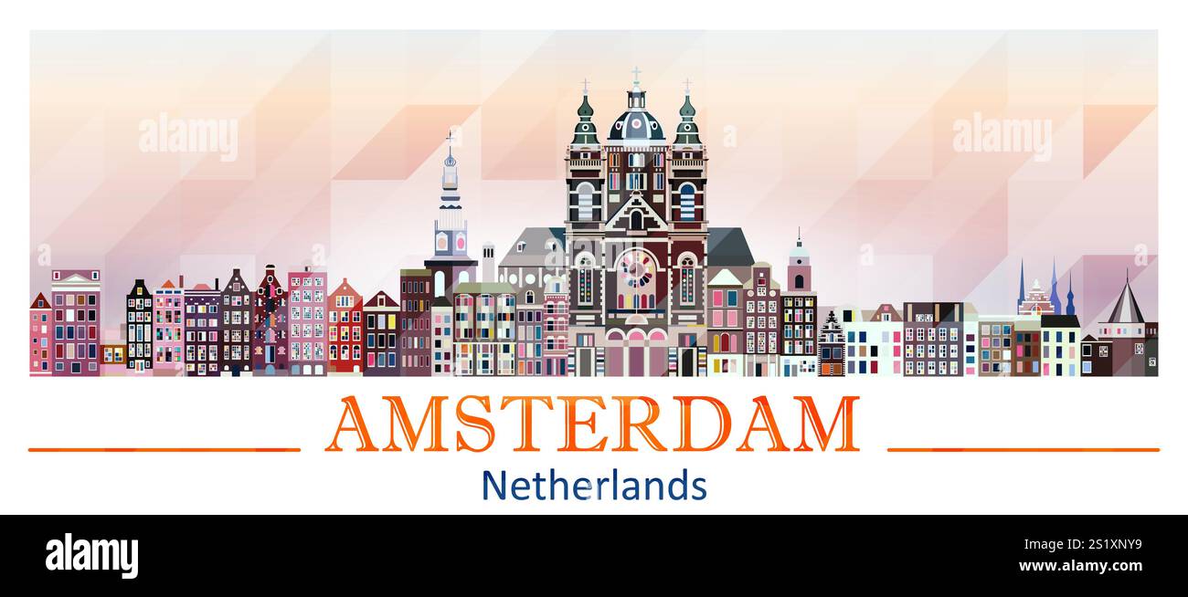 Skyline di Amsterdam in una tavolozza di colori luminosi Illustrazione Vettoriale