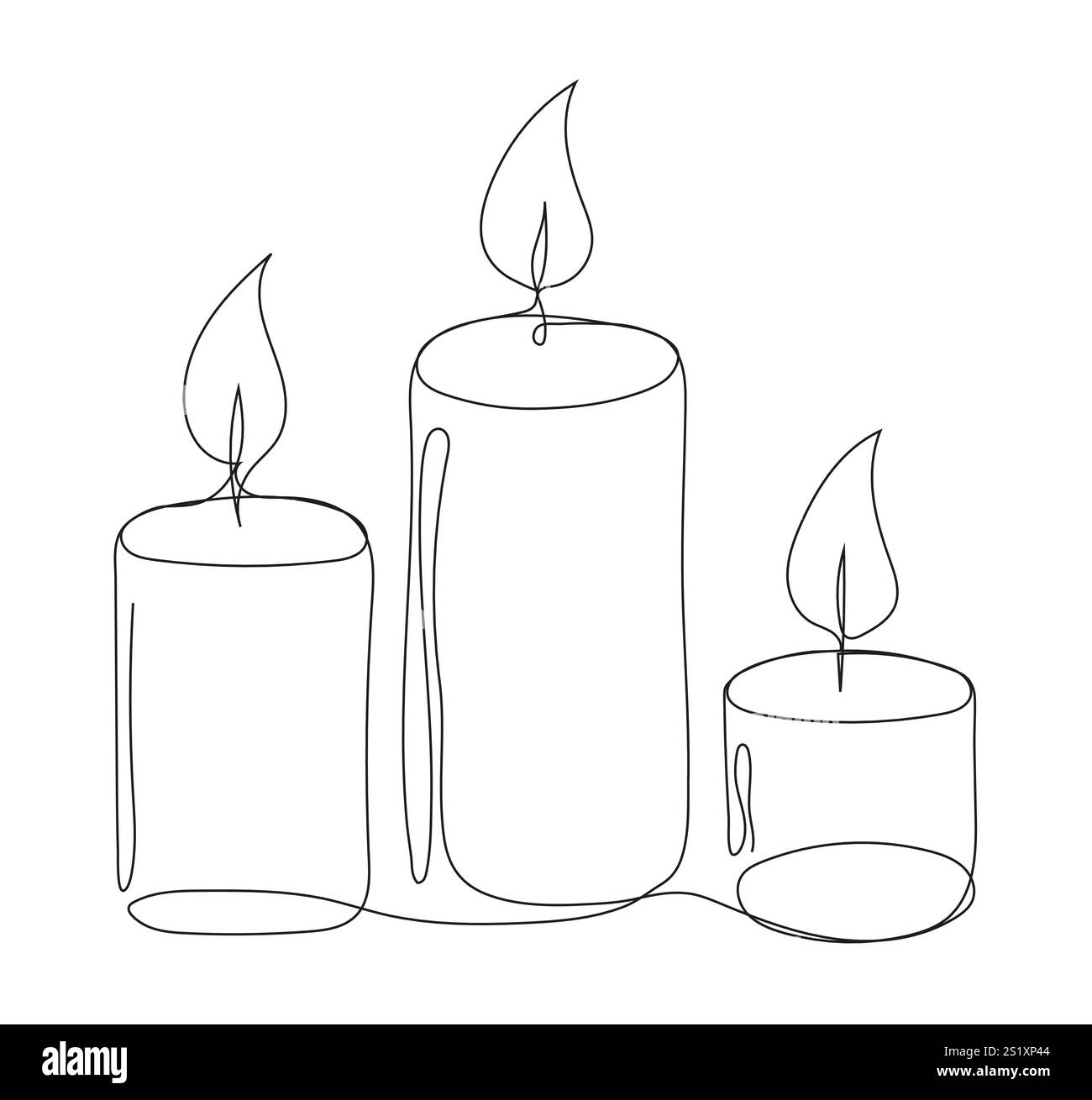Disegno continuo di tre candele in fiamme in un candelabro, che simboleggia saggezza, bellezza e luce divina. Un'illustrazione vettoriale minimalista Illustrazione Vettoriale