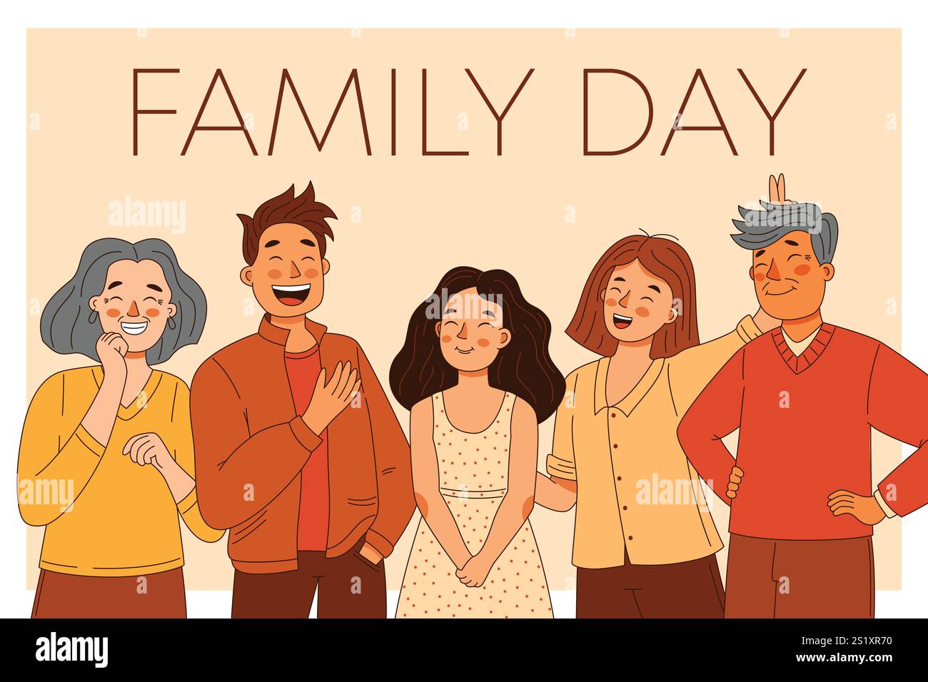 Famiglia felice padre e madre, nonna con nonno e figlia, tessera famiglia internazionale Illustrazione Vettoriale