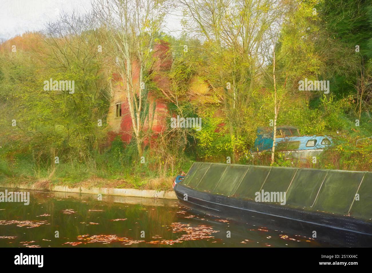 Illustrazione digitale di un narrowboat sul canale di Caldon in una casa in rovina e una vecchia barca fatiscente vicino al Froghall Wharf nella stagione autunnale. Foto Stock