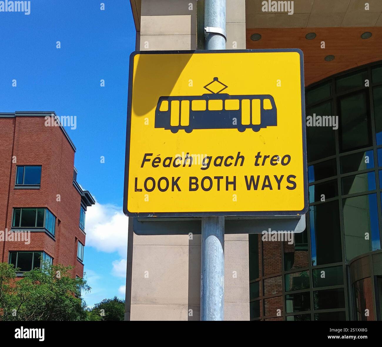 Un cartello che avvisa i pedoni di guardare in entrambe le direzioni e di fare attenzione ai tram. Il cartello è sia in inglese che in irlandese Foto Stock