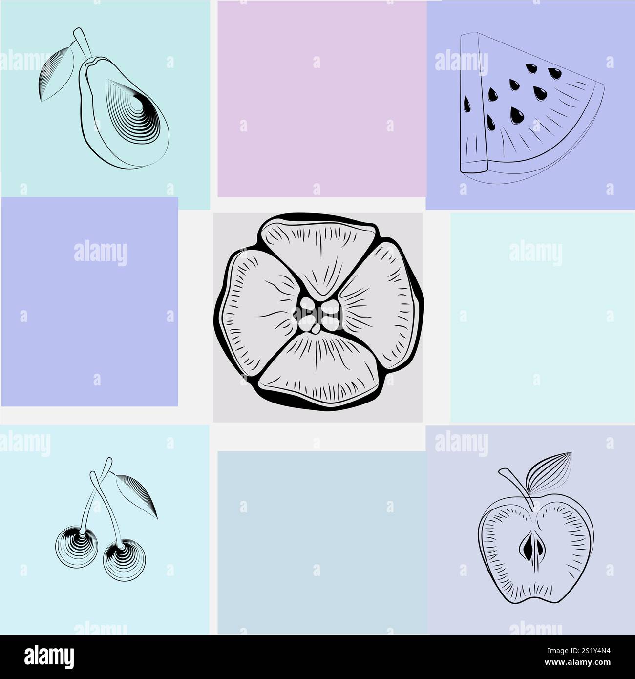 Composizione dei frutti su quadrati multicolori. Illustrazione Vettoriale