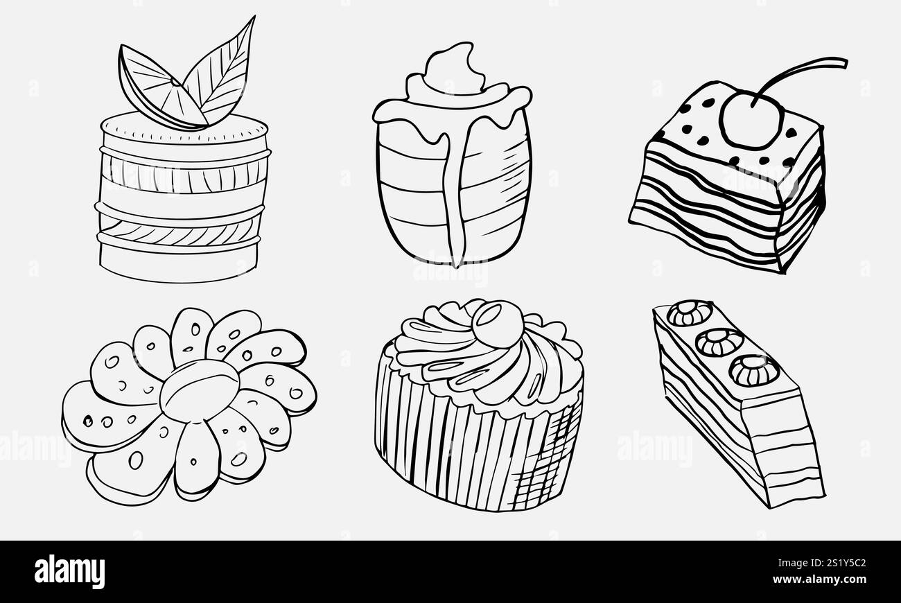 Un set di sei icone di dessert e torta. Illustrazione Vettoriale