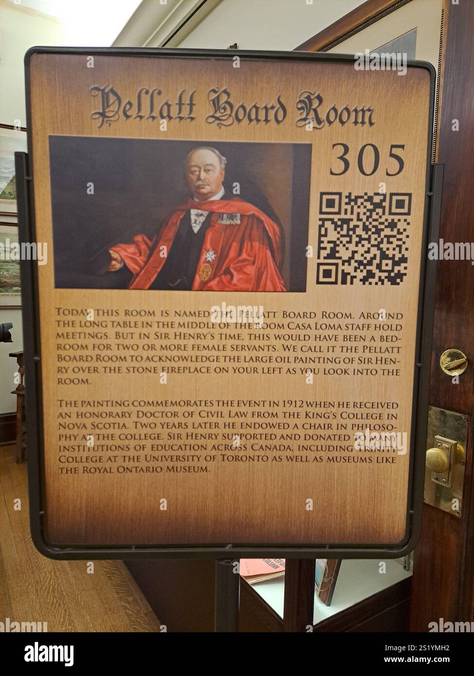 Cartello della sala riunioni Pellatt all'interno di Casa Loma sulla terrazza Austin a Toronto, Ontario, Canada Foto Stock