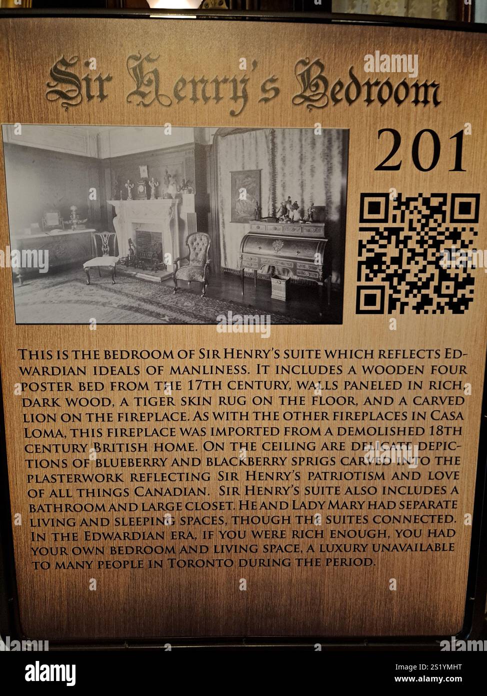 Il cartello della camera da letto di Sir Henry all'interno di Casa Loma sulla Austin Terrace a Toronto, Ontario, Canada Foto Stock