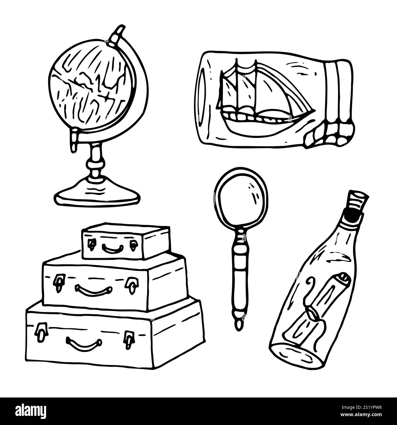 Un set di oggetti disegnati a mano da viaggiatore. Globo, lente d'ingrandimento, bagaglio, souvenir, nave, lettera in una bottiglia. Viaggio, avventura in mare, pirati, una serie di disegni. Illustrazione Vettoriale