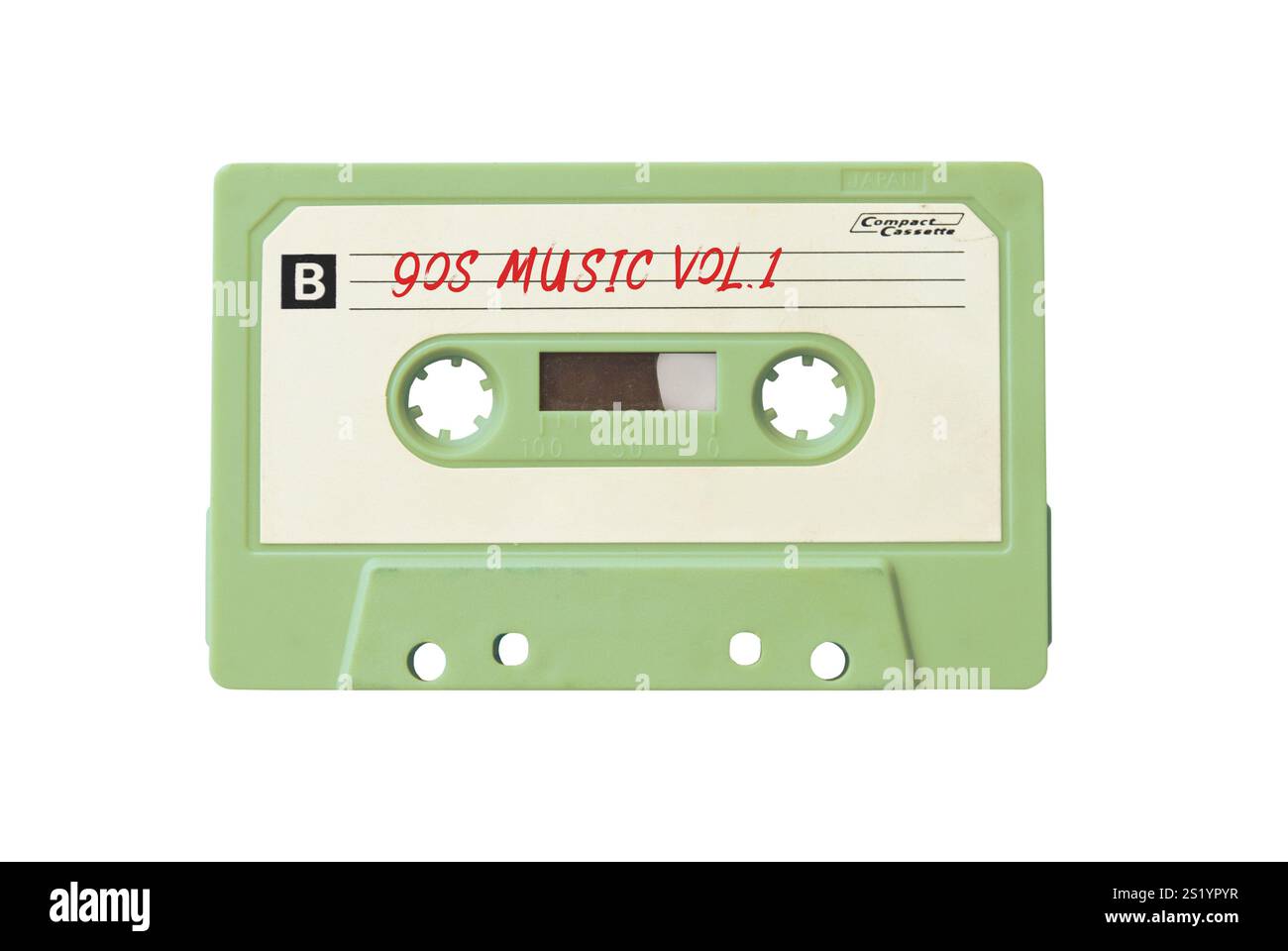 Cassetta audio compatta d'epoca con una raccolta di musica degli anni '90 isolata su sfondo bianco Foto Stock