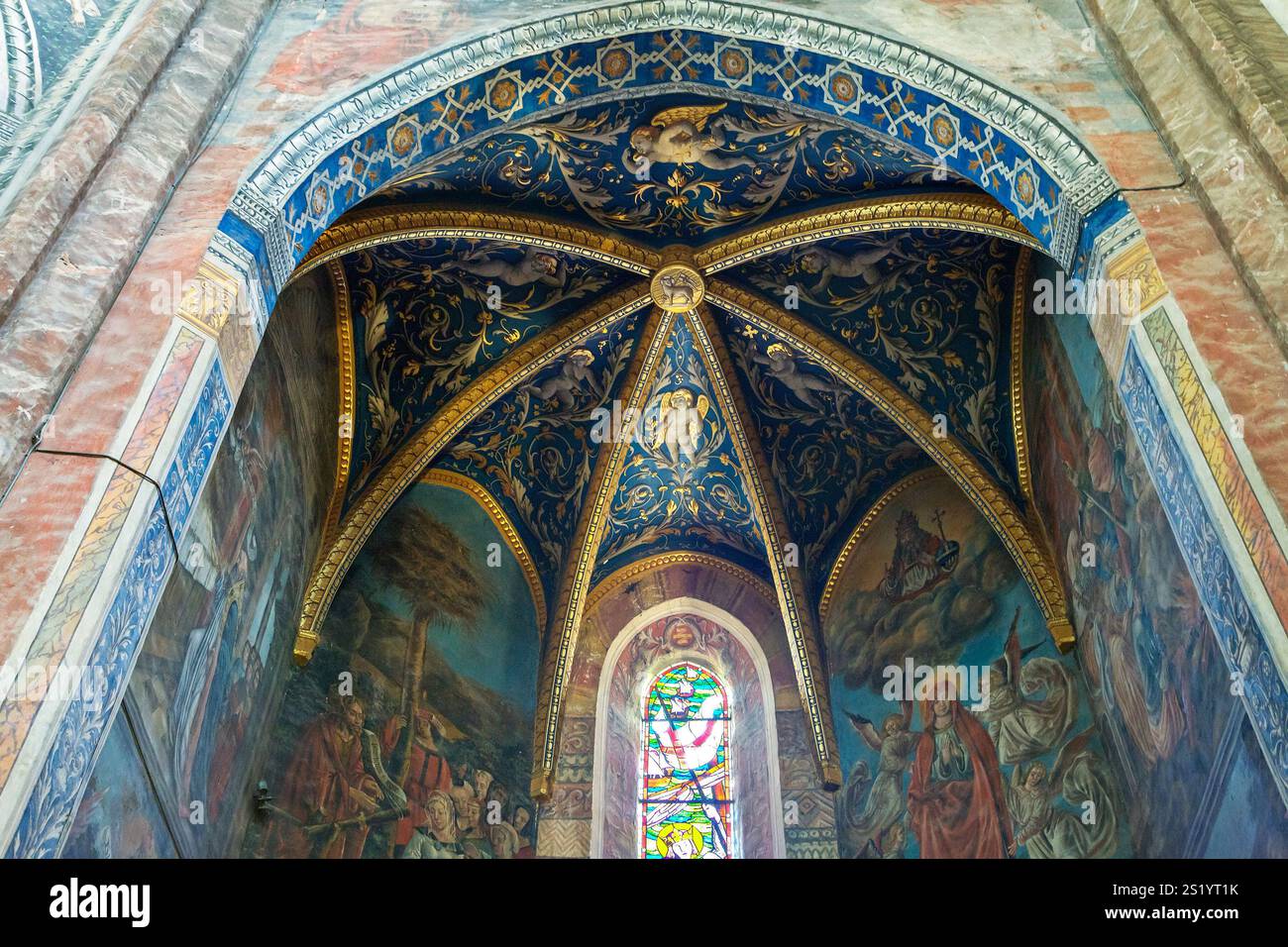 Vista dello splendido soffitto decorato nella cattedrale di Sainte-Secile, che cattura i colori vivaci e i disegni intricati. Foto Stock