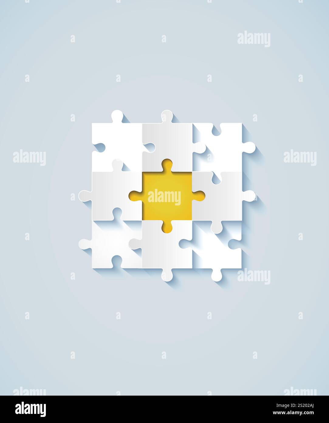 Puzzle di carta con il giallo al centro per i concetti aziendali. EPS 10 Illustrazione Vettoriale