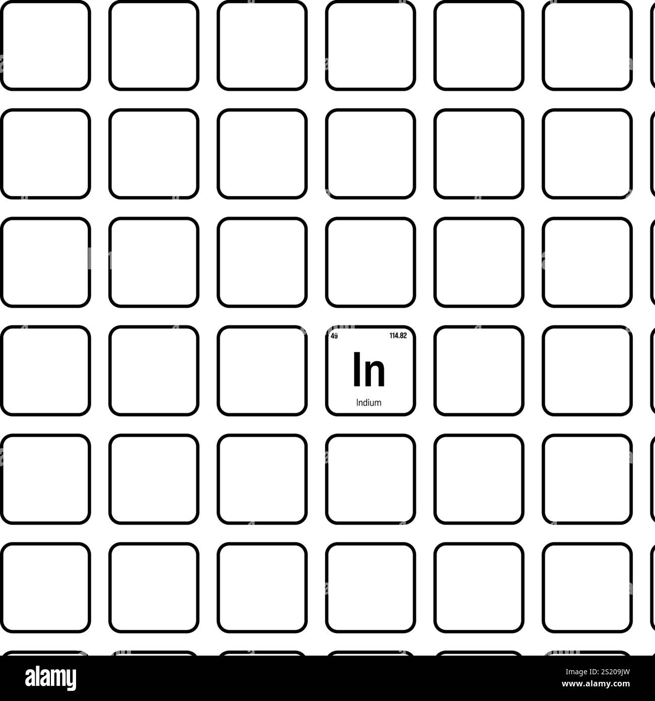 Indio, in, elemento tavola periodica con nome, simbolo, numero atomico e peso. Metallo con vari usi industriali, come in schermi LCD, celle solari, e come componente di certe leghe. Illustrazione Vettoriale