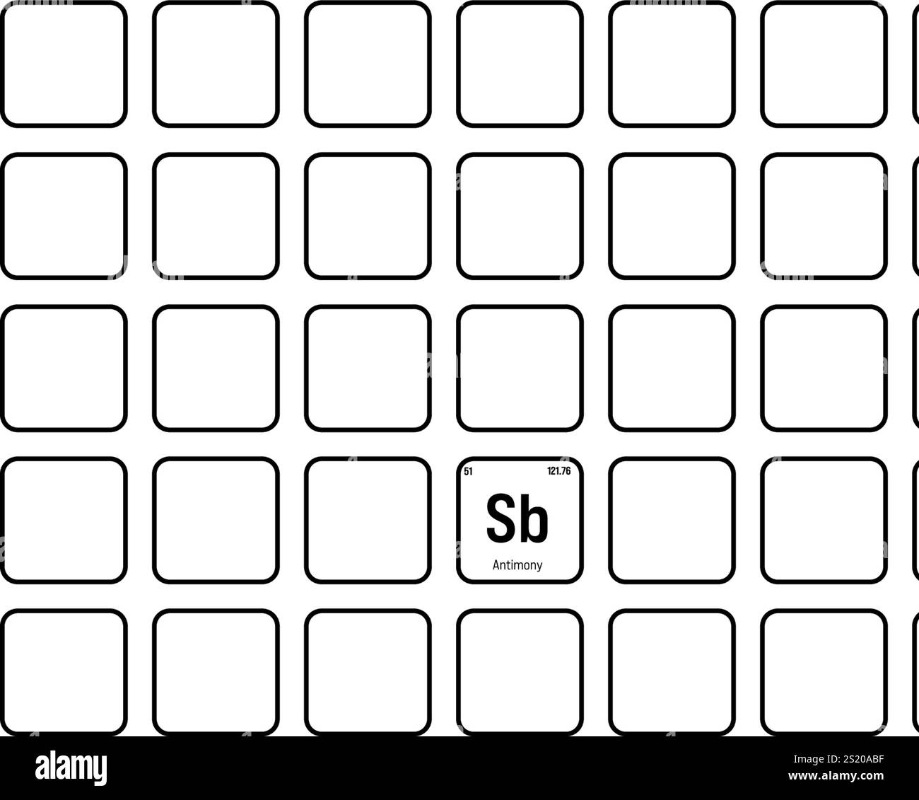 Antimonio, Sb, elemento periodico della tabella con nome, simbolo, numero atomico e peso. Metalloide con vari usi industriali, come nei ritardanti di fiamma, nelle batterie e come semiconduttore nei dispositivi elettronici. Illustrazione Vettoriale