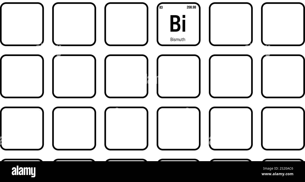Bismuto, Bi, elemento tavola periodico con nome, simbolo, numero atomico e peso. Metallo pesante con vari usi industriali, come in cosmetici, leghe, e come sostituto del piombo in certe applicazioni. Illustrazione Vettoriale